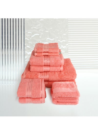 Buy 10 Pcs Events Dyed Towel set 550 GSM 100% Cotton Terry Viscose Border 2xBath Towel 75x145cm 2xHand Towel 50x90cm 2xGuest Towel 40x60cm 2xBaby Towel 30x50cm & 2xFace Towel 33x33cm Peach Color in UAE