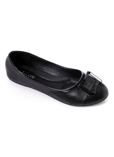 Buy Decorative Buckle Slip On Plain Leather Flats - Black in Egypt