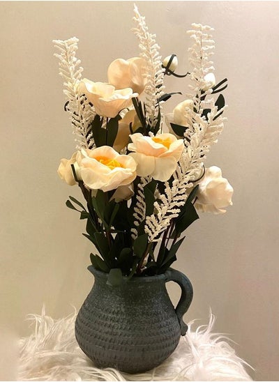 Buy Artificial flowers for decoration with an attractive and distinctive design with a beige/orange/black pot in Saudi Arabia