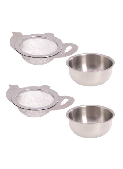 Buy Set of 2 Stainless Steel Tea Strainers with Drip Bowl Fine Mesh Reusable Filter for Loose Leaf Tea Coffee Herbal Juice in UAE