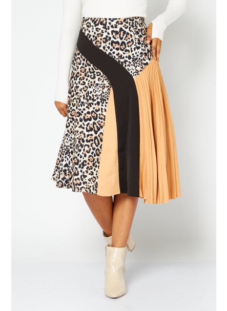 Buy Women Animal Printed Midi Skirt, Black/Tan Combo in UAE