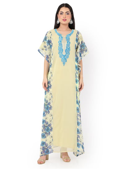 Buy CLASSY PRINTED LONG VISCOSE ELEGANT EMBROIDERED ARABIC KAFTAN JALABIYA DRESS in Saudi Arabia