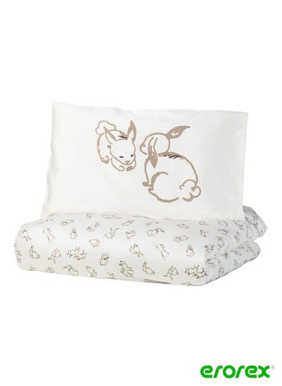 Buy Duvet Cover 1 Pillowcase For Cot Rabbit Pattern White/Beige 110X125/35X55 Cm in Saudi Arabia