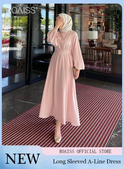 Buy Abaya Style Solid Color Satin Dress Women'S Fashion Versatile Waist Daily Commuting Long-Sleeve Long Skirt in UAE
