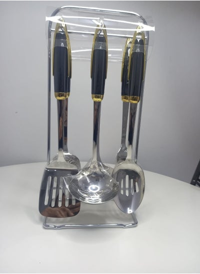 Buy A Set Of 6 Stainless Steel Kitchen Spoons With A Black And Golden Handle And A Stand in Saudi Arabia