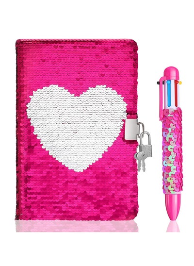 Buy Magic Reversible Flip Sequin Girls Journal, A5 Reversible journal, Secret Kids Diary, Personalized Notebook A5 Size with Lock Key 6 in 1 Retractable Ballpoint Pens for Valentine's Day Party in UAE