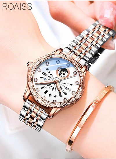 Buy Women's Stainless Steel Strap Mechanical Watch Analog Display Round Dial with Hollow Pattern and Rhinestones Decoration Waterproof Luminous Luxurious Wristwatch as Gift for Ladies in UAE