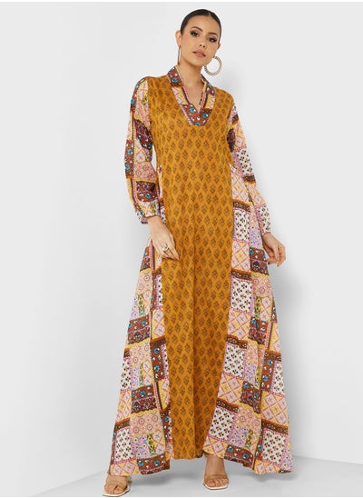 Buy Printed V-Neck Jalabiya in UAE