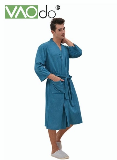 Buy Men Waffle Weave Bathrobe Spa Bathrobe Cotton Long Robe with belt to Adjust the Size of Bathrobe Pockets Housecoat Blue One Size in UAE