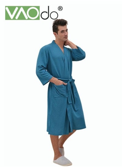 Buy Men Waffle Weave Bathrobe Spa Bathrobe Cotton Long Robe with belt to Adjust the Size of Bathrobe Pockets Housecoat Blue One Size in UAE