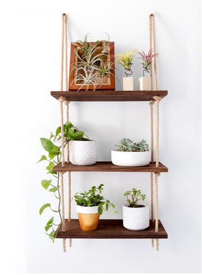 Buy 3 Tier Boho Style Wood Wall Shelf Hanging Floating Shelves Storage Organizer with Woven Rope in UAE
