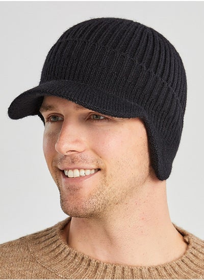 Buy Men's Winter Visor Beanie Hat with Earflaps Knit Baseball Cap with Brim Ski Hat Warm Fleece Lined Hunting Hat Black in UAE