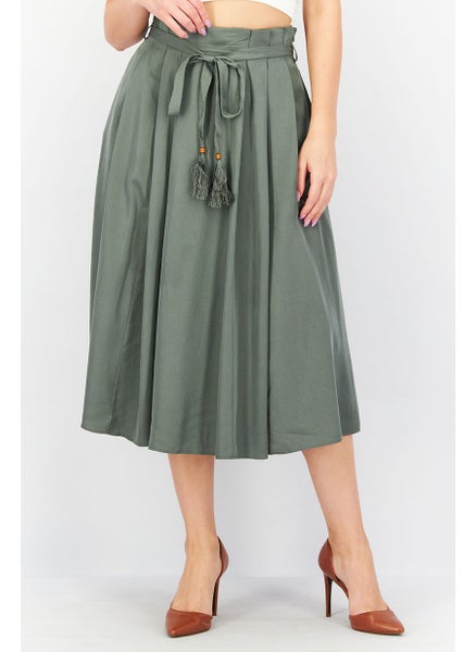 Buy Women Belted Tie Maxi Skirts, Olive in UAE