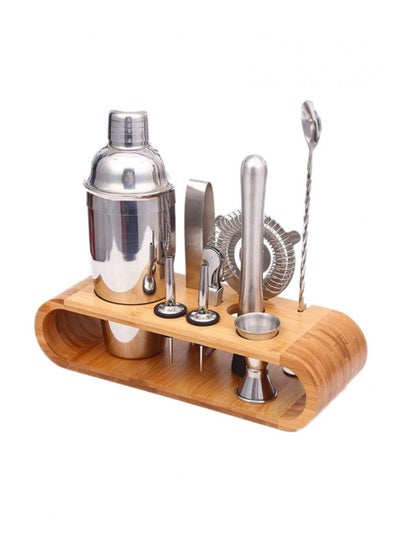 Buy 9-Piece Bartender Cocktail Shaker Set With Stand Silver/Brown 1000ml in UAE