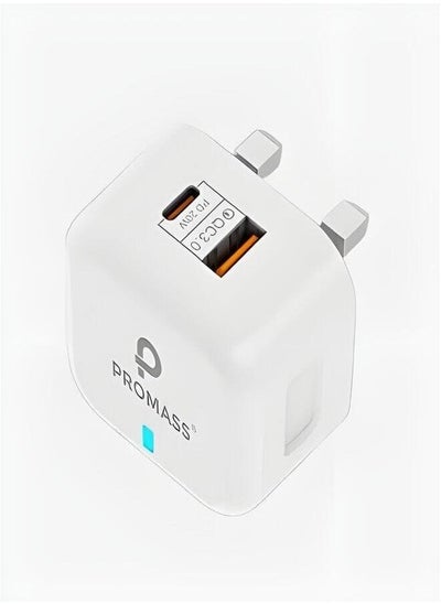 Buy Original Wall Charger With Two Ports, 1 Usb And 1 Pd Port, Supports Fast Charging From Promass 38W White Color in Saudi Arabia