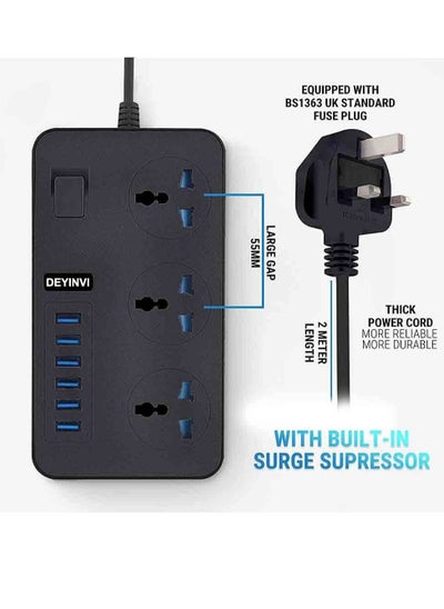 اشتري Universal Extension Lead Power Strips,6 USB Wall Plug Adapter, 3 Way Cable Surge Protector, Fuse and Shutter USB Hub Socket 3 Gang Electrical Power Accessories Extension Cord (Black) في الامارات