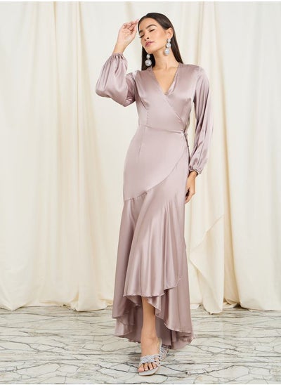 Buy Satin Ruffle Asymmetric Hem Wrap Maxi Dress in Saudi Arabia