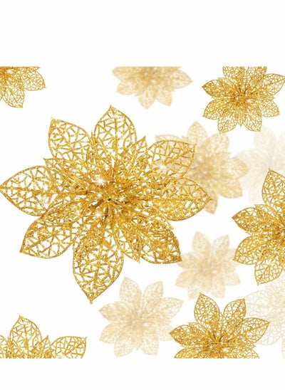 اشتري Glitter Poinsettia Flowers Artificial, 24 Pcs 2 Size Gold Decorations Tree Ornaments for New Year/Holiday/Seasonal/Wedding Party Wreath DIY Decors في السعودية