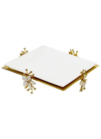 Buy 2-piece Platter Set With Stand gold/white 30x30 cm in UAE