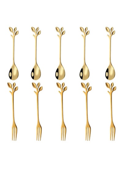 Buy Stainless Steel Gold Leaf Coffee Spoon Appetizer Fork Creative Tableware Dessert Spoons, Stirring, Mixing, Sugar, Stir, Ice Cream, Fruit, Cake, Teaspoon Set 10 Pieces in UAE