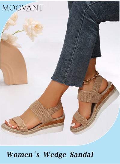 Buy Women's Open Toe Wedge Sandals Comfortable Platform Sandals Espadrilles Ankle Strap Buckle Elastic Shoelaces Cork Summer Casual Sandals for Women in Saudi Arabia