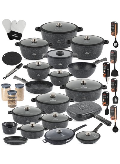 اشتري Cookware Set - 68 pieces Pots and Pans Complete set Granite Non Stick Coating 100% PFOA FREE, Induction Base Cooking Set with Removable Silicone Handles - Oven Safe (Black) في الامارات