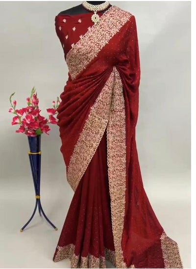 Buy Designer Embroidery Maroon Saree For Women With Unstitched Blouse Piece in UAE