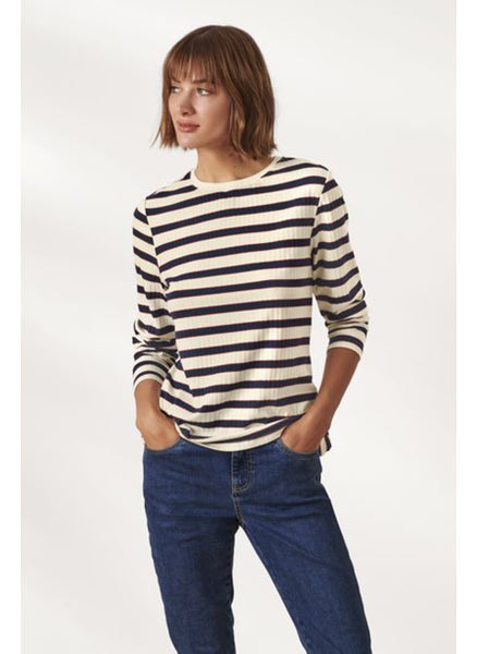 Buy Women Crew Neck Stripe Long Sleeve Sweatshirts, Cream Combo in UAE