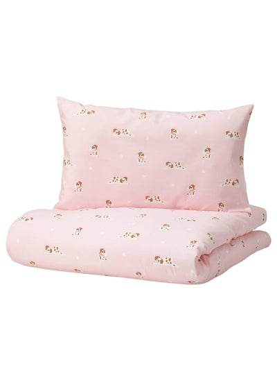 اشتري Duvet cover 1 pillowcase for cot, puppy pattern/pink, 110x125/35x55 cm في السعودية