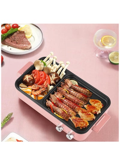 Buy Indoor Smokeless Grill with Hot Pot, 1200W 2-in-1 Electric Tabletop Korean BBQ Grill for 3-4 People, Dual Temperature Control, Thermal Protection, Non-Stick Surface, Compact & Stylish (Pink) in UAE