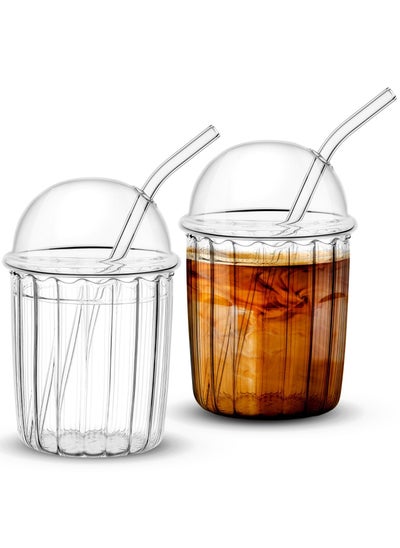 Buy Glass Tumbler Set with Dome Lid and Straw, Reusable Smoothie Coffee Drinking Glass Cup, Ideal for Home and Office Use in UAE