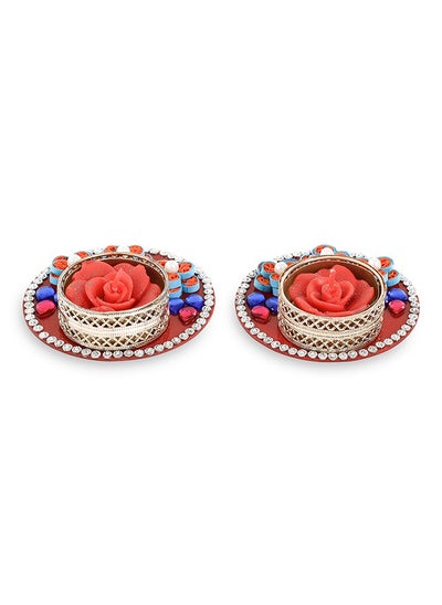 اشتري 2-Piece Floral Paper Quilling Diya Set with Rose Candles, Red & Blue في الامارات