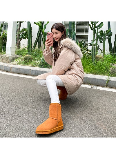 Buy 2024 Womens Leather Snow Boots Comfortable Warm Winter FlatCHESTNUT CHESTNUT in UAE