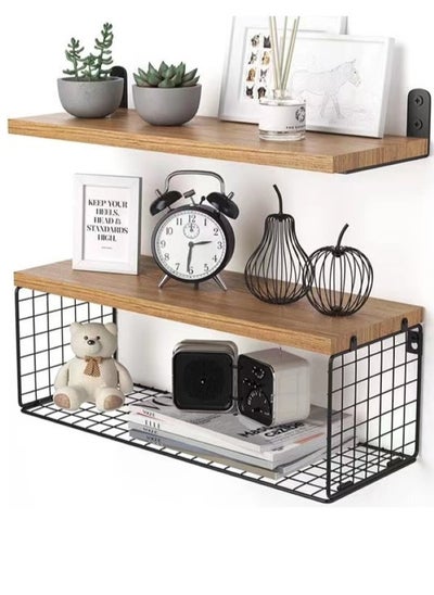 Buy 2-Piece Wall Mounted Decorative Storage Rack Metal And Wood Black in UAE