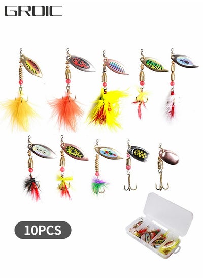 اشتري 10 Pack Spinnerbait, Bass Trout Salmon Hard Metal Spinner Bait Kit, Spinner Tail Faux Hard Bait with Storage Box, Fishing Fake Bait Set في السعودية