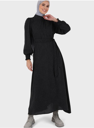 Buy Balloon Sleeve Belted Dress in Saudi Arabia