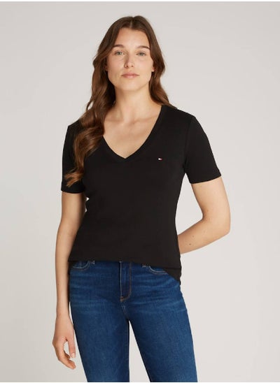 Buy Women's V-Neck Slim T-Shirt, Black - Cotton in UAE