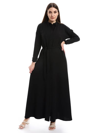 Buy Ankle Length Plain Black Dress With Long Sleeves_Black in Egypt