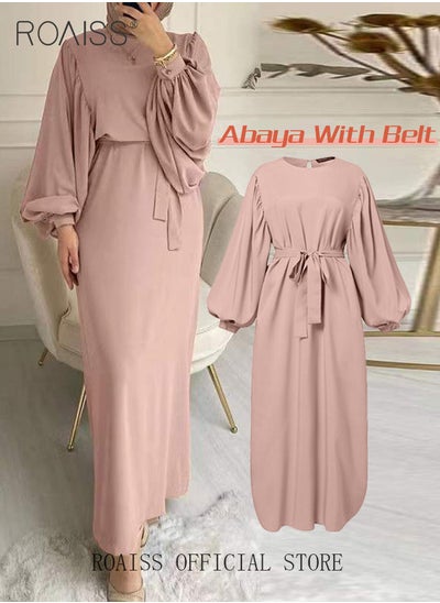 Buy Abaya with Belt for Women Ladies Long Sleeve Dress Classic Style Lantern Sleeve Tunic Round Neck Casual Elegant Dress for Daily Outfit in UAE