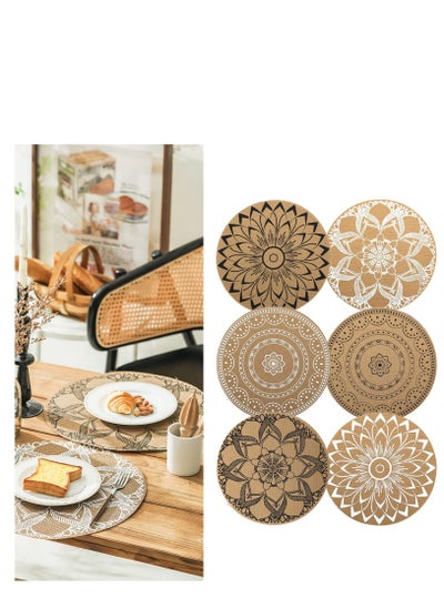 Buy Set of 6 Boho Round Placemats for Dining Table Washable Heat Resistant PVC Placemats Outdoor Table Mats Jute Retro Table Decor Vintage Coffee Bar Mat Waterproof Dining Mat Bohemian Style in Saudi Arabia