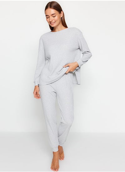 Buy Gray Corded Cotton Wide Fit Knitted Pajama Set THMAW21PT0688 in Egypt