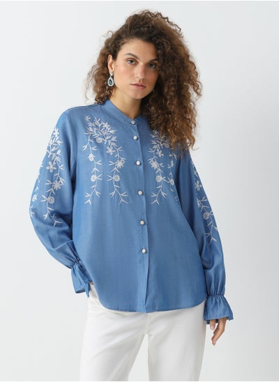 Buy Women's Viscose Floral Embroidery Blouse with Pearls Buttons Loose Fit Blue in UAE