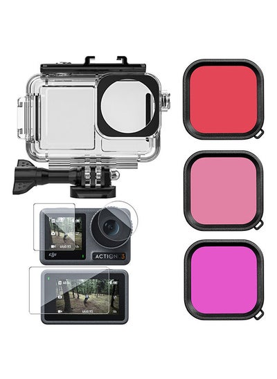 Buy Waterproof Case Housing & 3 Pack Filter and Tempered Glass Screen Protector for DJI OSMO Action 3 Action Camera Accessories Underwater Photography Protective Kit Bundle for Action3 Accessory in UAE