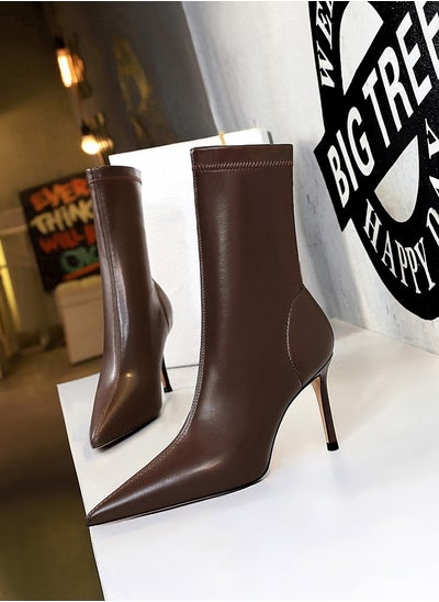 اشتري Fashion Simple Slim Heel High Heel Elastic Lycra Pointed Ankle Boots Brown في السعودية