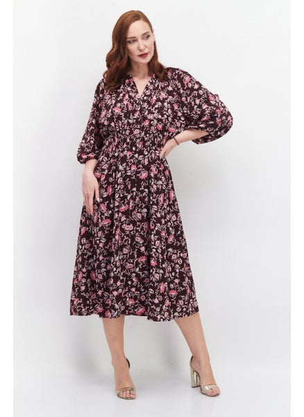 اشتري Women Floral Pattern Midi Dress Maroon Combo في السعودية