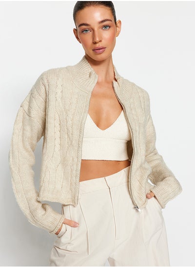 Buy Stone Soft Textured Zipper Braided Knitwear Cardigan TWOAW24HI00202 in Egypt