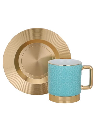 Buy Light Grey Porcelain Coffee Cups with Gold Stainless Steel Plate 12 Pieces in Saudi Arabia