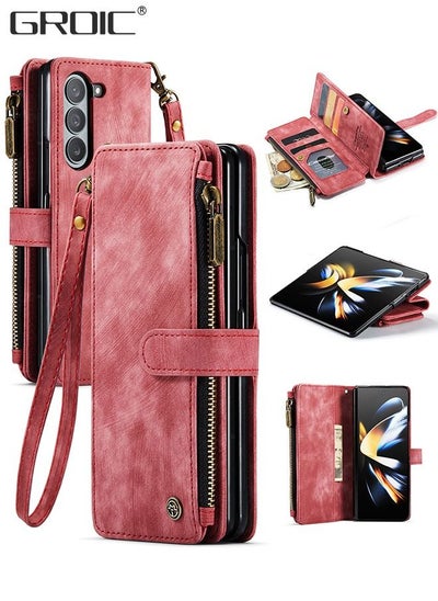 Buy Case for Samsung Galaxy Z Fold5 5G 7.6 Inches Wallet Case, 5 Card Holder Slots and 1 Zipper Book Flip Wallet PU Leather Protective Cover Durable Buckle Flip Strap Wrist Phone Case in UAE