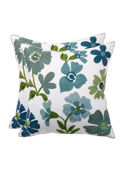 Buy Embroidered Throw Pillow Covers 18x18 inch Pack of 2 Blue Blossoms Decorative Pillowcases in Saudi Arabia