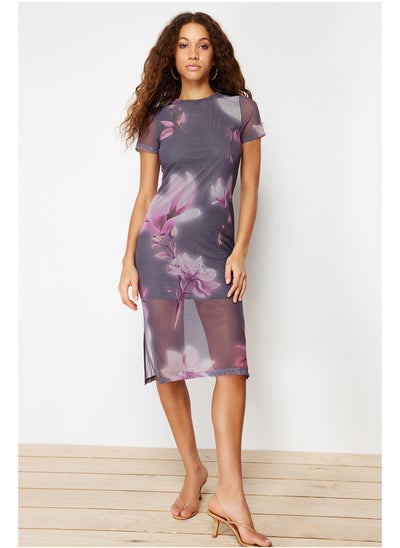 Buy Gray Floral Printed Midi Crew Neck Short Sleeve Stretchy Knitted Midi Pencil Dress TWOSS23EL01791 in Egypt